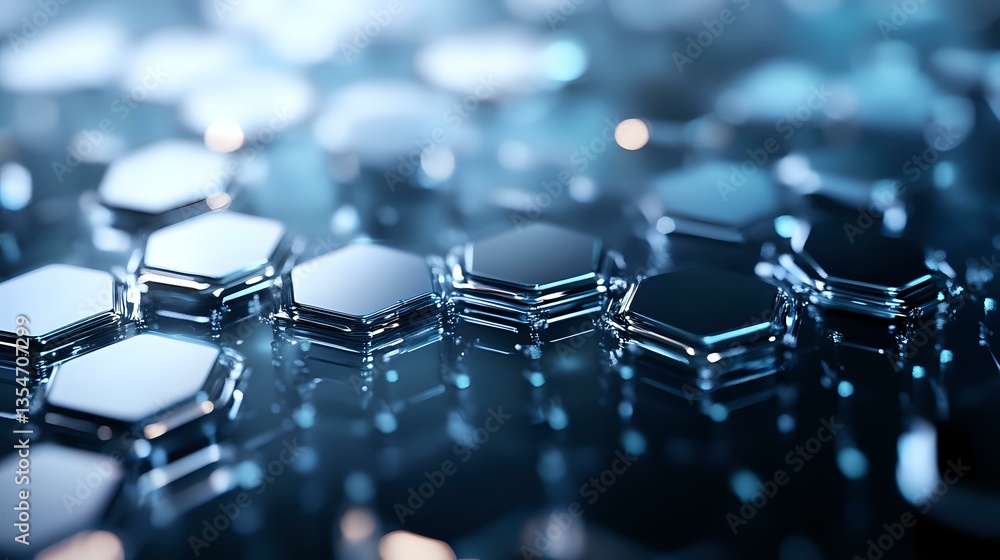 Poster futuristic hexagonal pattern with metallic surface reflecting blue light, abstract technology backgr