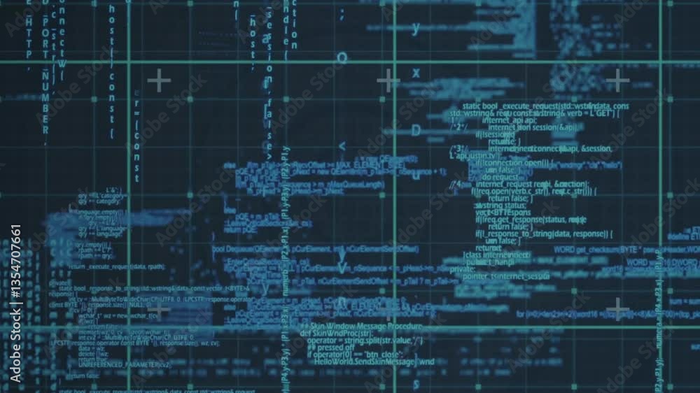 Poster digital code and data processing animation over dark blue grid background