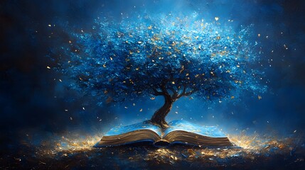 Vivid Artistic Depiction of a Book Growing into a Tree with Leafy Flourishes on a Dynamic Abstract Blue Field in Honor of Poetic Traditions