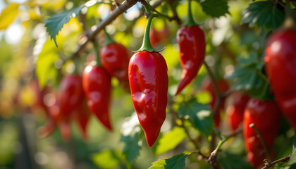 Red chili peppers on plant.