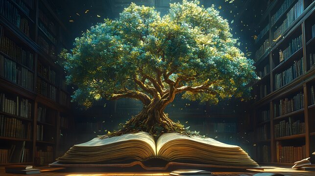 Visionary Art of Scholastic Triumph: Vibrant Tree of Erudition Emerging from an Antique Book in a Serene Library Illuminated by Magical Streaks