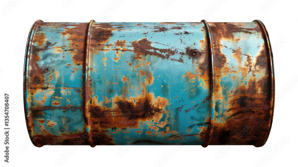 Poster weathered and rusty: this image features a close-up of a weathered and rusty metal barrel with blue 