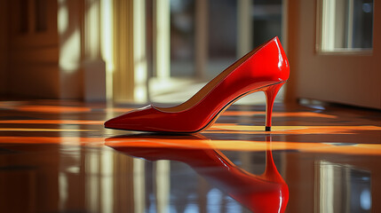 Red patent leather stiletto heel reflecting on polished wooden floor with warm sunlight streaming through window creating elegant shadow patterns