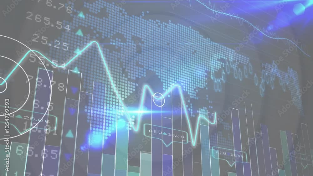 Poster analyzing global financial data with animation over digital world map background