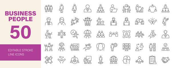 Business people icon set. Business related line icons: leadership, teamwork, meeting, workshop, employee, career, partnership, headhunting and more. Editable stroke. Vector illustration.