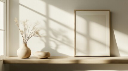 A minimalist gallery scene focusing on negative space, displaying simple modern art pieces in a calm, meditative ambiance.