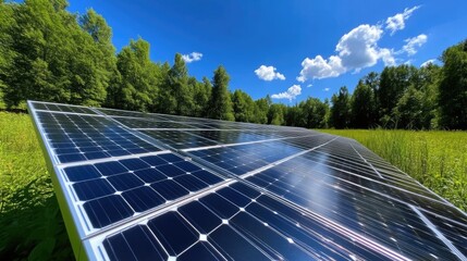 Solar panels in a field, under a clear sky