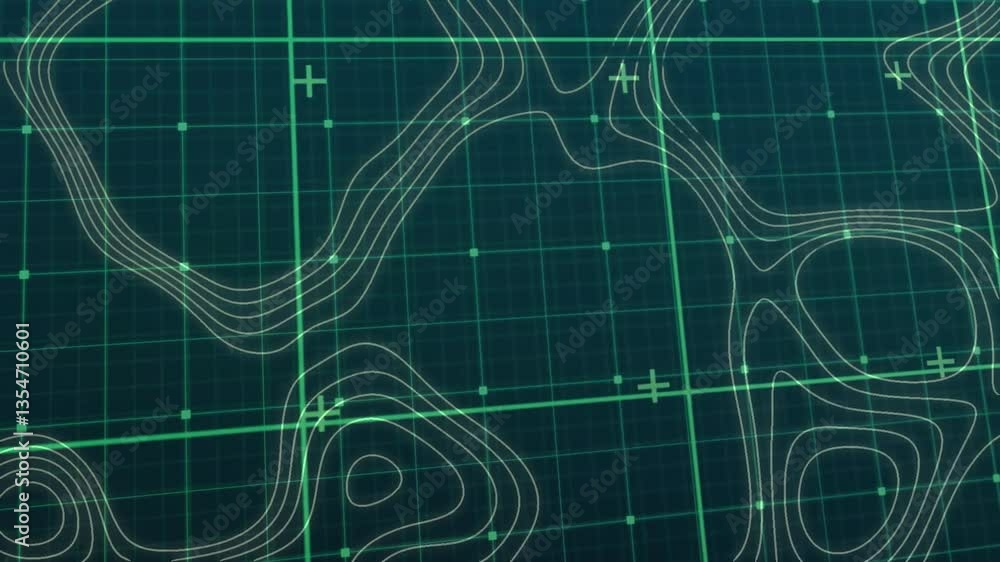 Poster showing elevation and terrain, topographic map lines over grid background