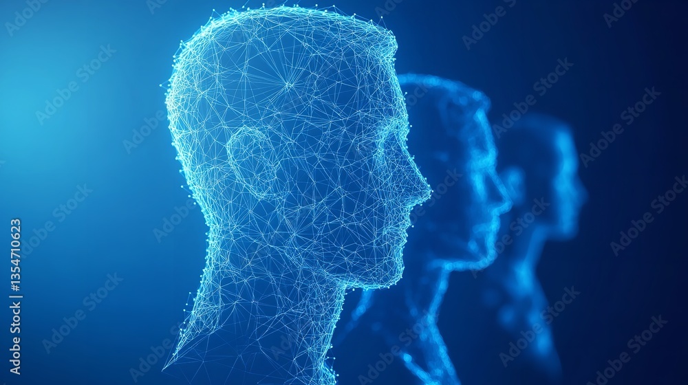 Poster three digital human head profiles connected by lines in a blue gradient background design element