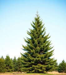 A majestic spruce tree stands alone against a clear sky, botanical, conifer