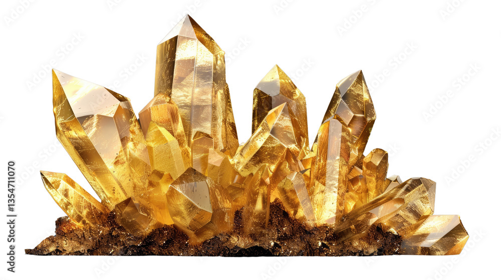 Poster golden crystal cluster: a captivating close-up captures the intricate facets of a dazzling cluster o