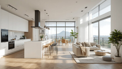 Fototapeta premium Modern apartment with city view, and sunrise.