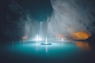 Nighttime Waterfall Fountains for Cave Lake.
