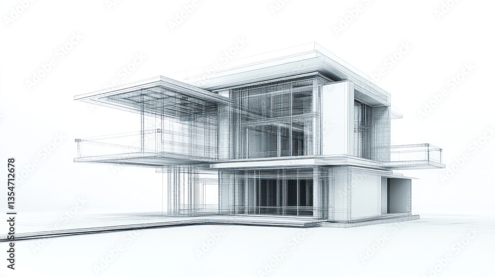 Poster modern house architecture blueprint; 3d model; modern design; architectural rendering; sketch for co