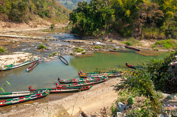 Boats on Sangu River at Remakri Mukh at Tindu Union, Thanchi in Bandarban, Bangladesh.