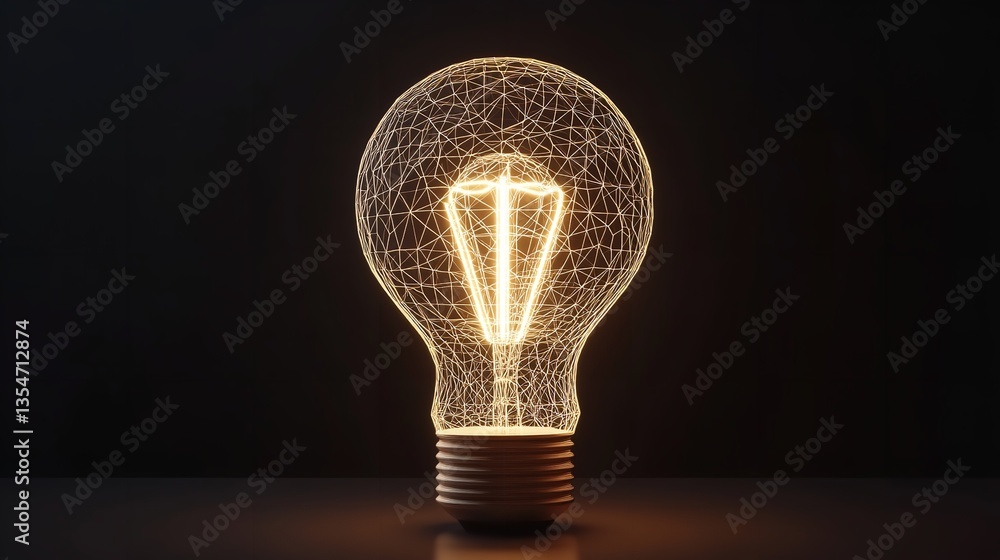 Poster glowing lightbulb with wireframe design on a dark background showcasing innovation and creativity