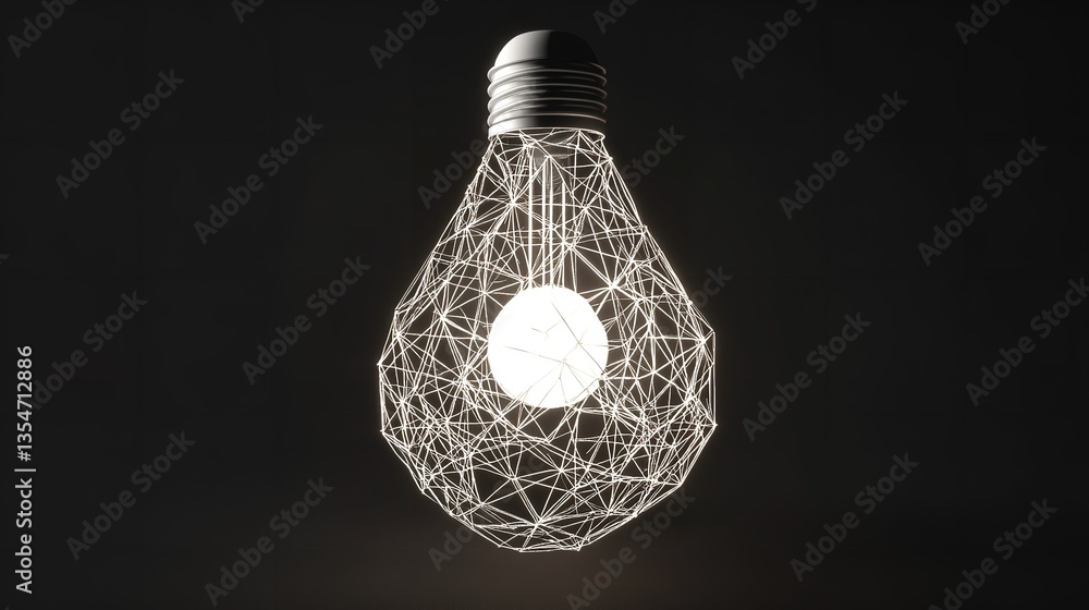 Poster a lightbulb with a complex wireframe surrounding it against a dark black background in a studio shot