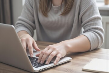 Woman Typing on Laptop at Desk: Remote Work, Freelancer, Home Office, Technology, Business, Online, Computer, Notebook, Blogger, Student