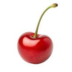 Single ripe red cherry with stem on black background