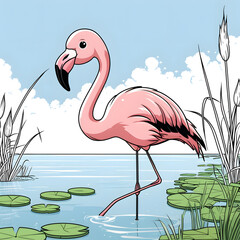 this flamingo is designed in a playful and friendly kawaii style, making it perfect for coloring books, digital prints, and creative projects.