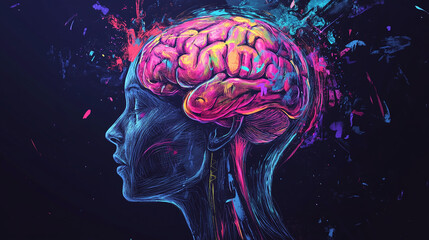 Futuristic digital illustration of a human brain glowing with neon colors, symbolizing hyper intelligence, artificial intelligence, and the fusion of human and machine cognition