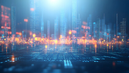 Fototapeta premium Futuristic digital city skyline at night, glowing skyscrapers with binary code, technological cityscape, abstract urban background.