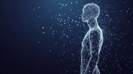 Digital human body formed by glowing dots and lines on a dark blue background in side profile view