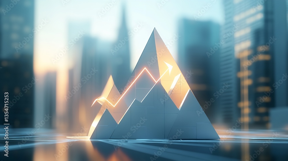 Poster geometric pyramid structure with glowing lines in a futuristic city background with reflections