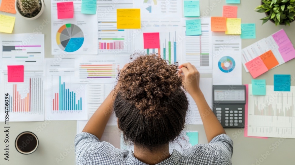 Poster business analyst reviewing data reports with charts, graphs, and post-it notes spread across desk
