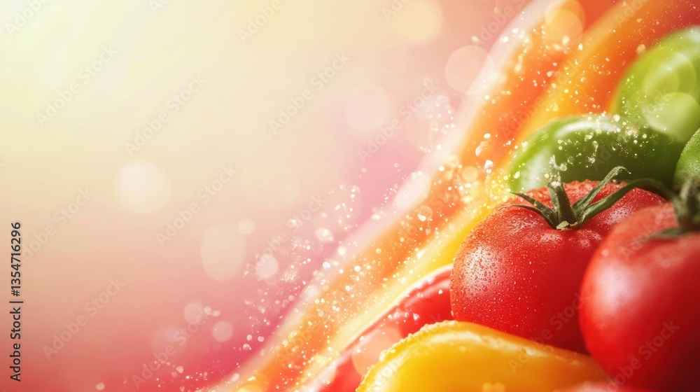 Poster dynamic wave of fresh groceries with vibrant colors and fluid motion in a soft gradient background