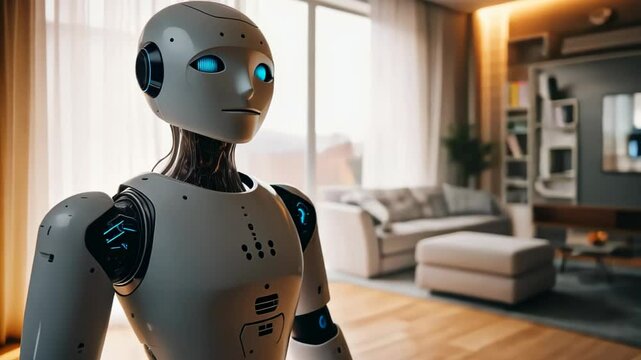 Innovative domestic robot demonstrates advanced functionalities in modern living room setting