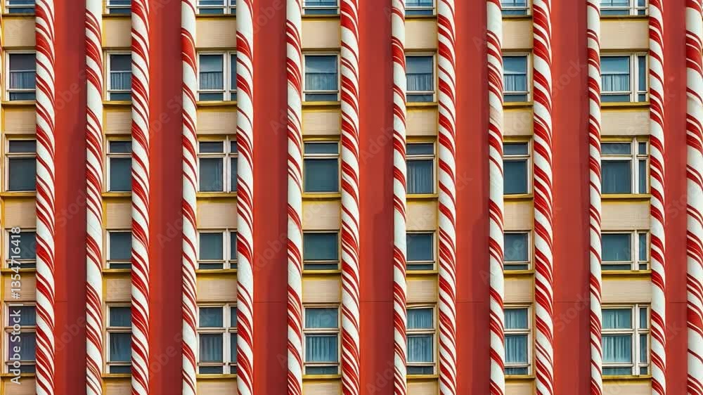 Poster vertical stripes and geometric patterns on colorful building facade with repetitive windows and bold