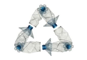 Isolated Deformed Plastic Bottles Arranged in Recycling Triangle