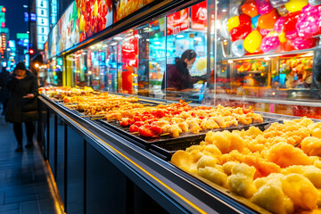 Obraz premium Delicious street food sizzling on grills at a vibrant night market, showcasing various grilled meats and vegetables.