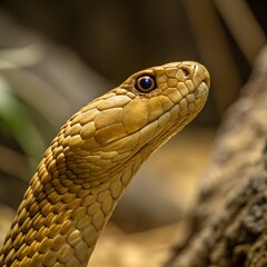Naklejka premium Green scales glint on a wild serpent's head, its eye a dangerous closeup in the grass