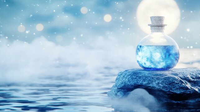 Mystical Elixir: A glass bottle containing a glowing blue potion, set against a serene landscape of water, moon and stars, evocative of magic and fantasy. 