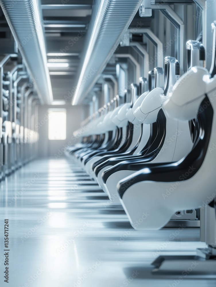 Poster Futuristic automated milking station with robotic arms milking cows using sleek technology in a modern dairy facility