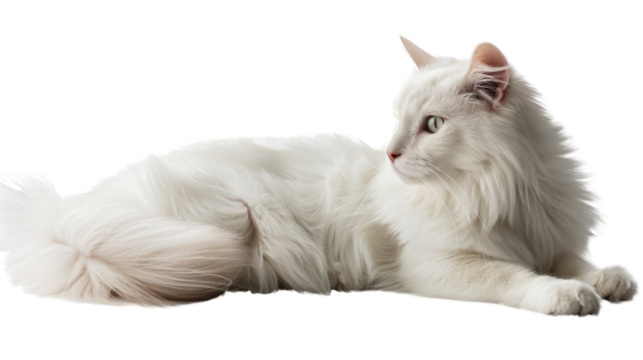 Angora's Elegant Pose: A serene Angora cat with fluffy, pristine white fur, reclines gracefully, exhibiting poise, tranquility, and subtle charm.
