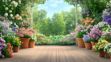 Blooms of Paradise: A vibrant display of potted flowers bursts forth in a lush, scenic setting, inviting the viewer to immerse themselves in the beauty of nature.