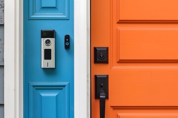 A sleek smart doorbell with a built-in camera, installed next to a contemporary front door