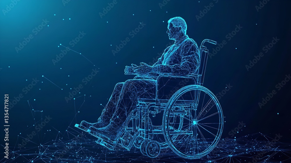 Poster digital rendering of a man in a wheelchair with a blue network design on a dark blue background