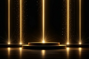 Stage opening golden stage glitter with spotlights and luxury gold light streak. Particle luxury for ceremony background