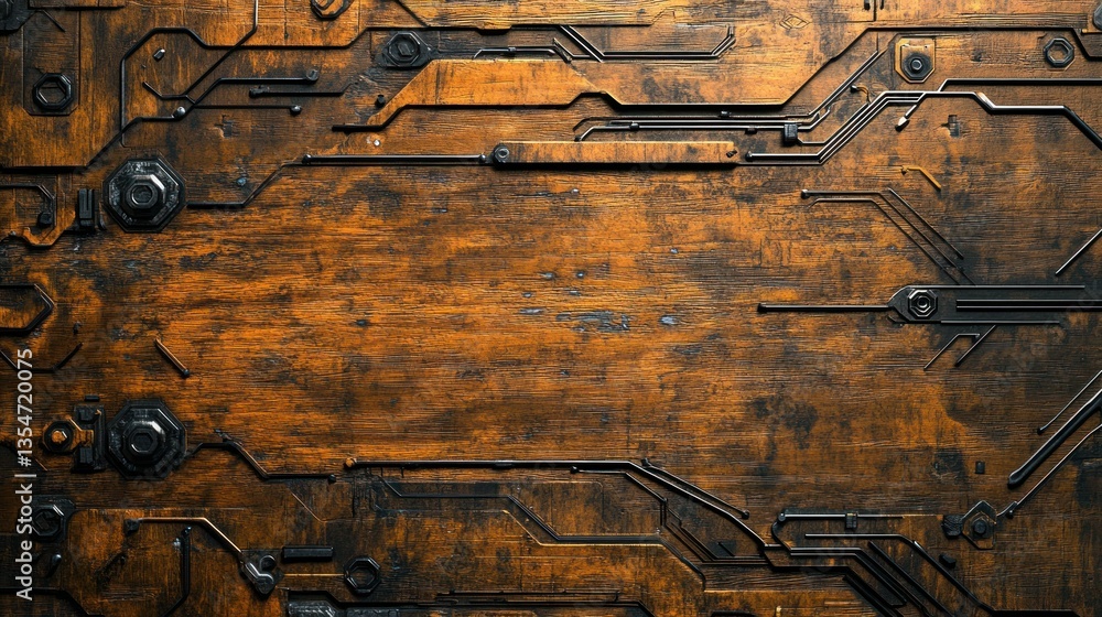 Poster Cyberpunk style wood surface featuring embedded technology-inspired patterns, with blank sections background wallpaper AI generated image