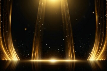 A luxurious event stage with multiple golden spotlights beaming down onto a polished wooden floor and black background