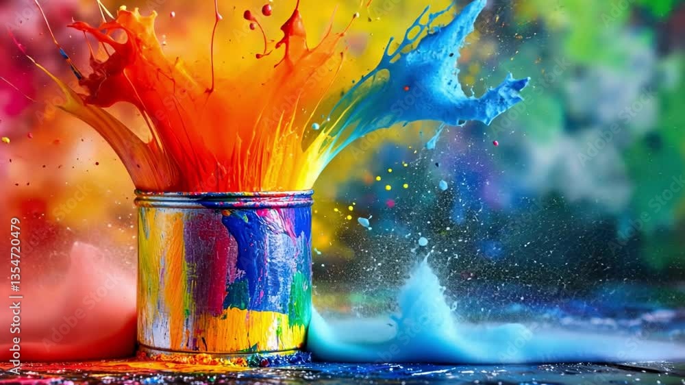 Poster vibrant explosion of colorful paint splashing from can against a brightly colored background in dyna