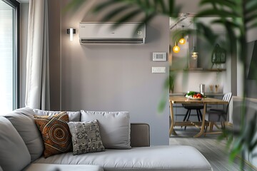 A stylish smart air conditioner with WiFi control, installed in a modern living room