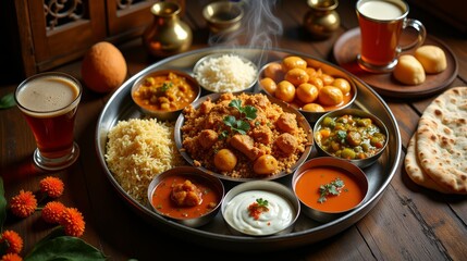 A steel thali bursting with butter chicken, aloo gobi, dal tadka, and paneer tikka masala, surrounded by garlic naan, fluffy basmati rice, raita, and a tangy mango pickle.