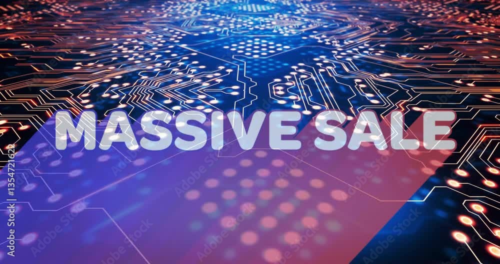 Poster glowing animation of digital circuit board with massive sale text in school context