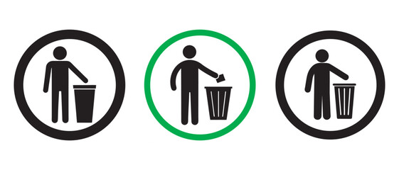 Simple Waste Disposal Signs for Public Areas, Do not litter sign. Stick man throwing trash Icon