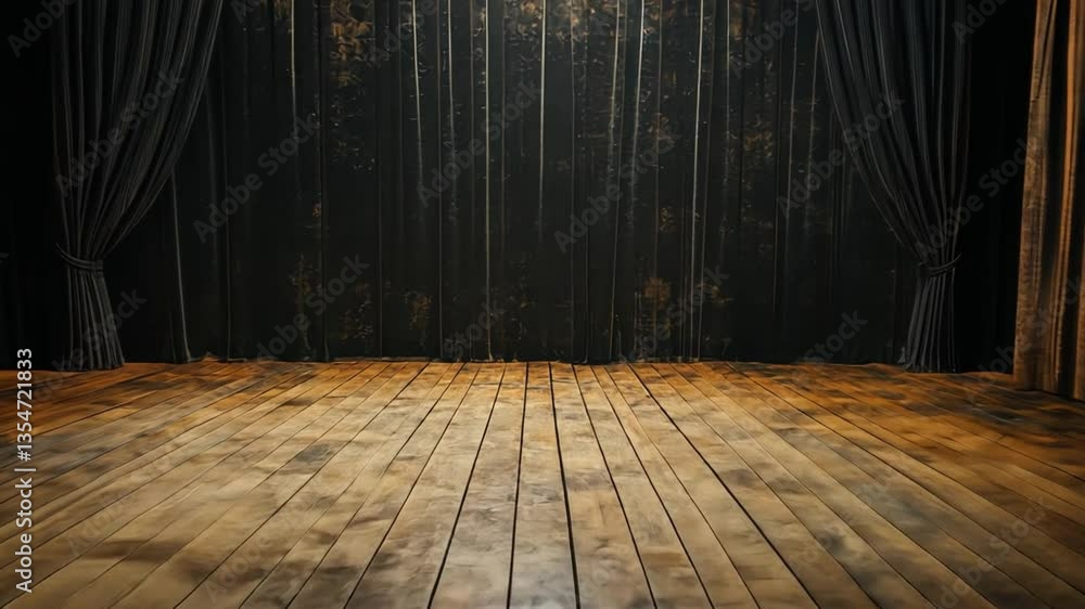 Poster empty stage with wooden floor and curtains creating a dramatic atmosphere for a performance or event